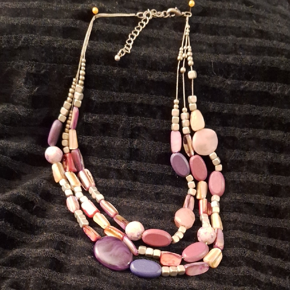 Vintage 3-Strand Wire Beaded Ne Klace In Purple Beads